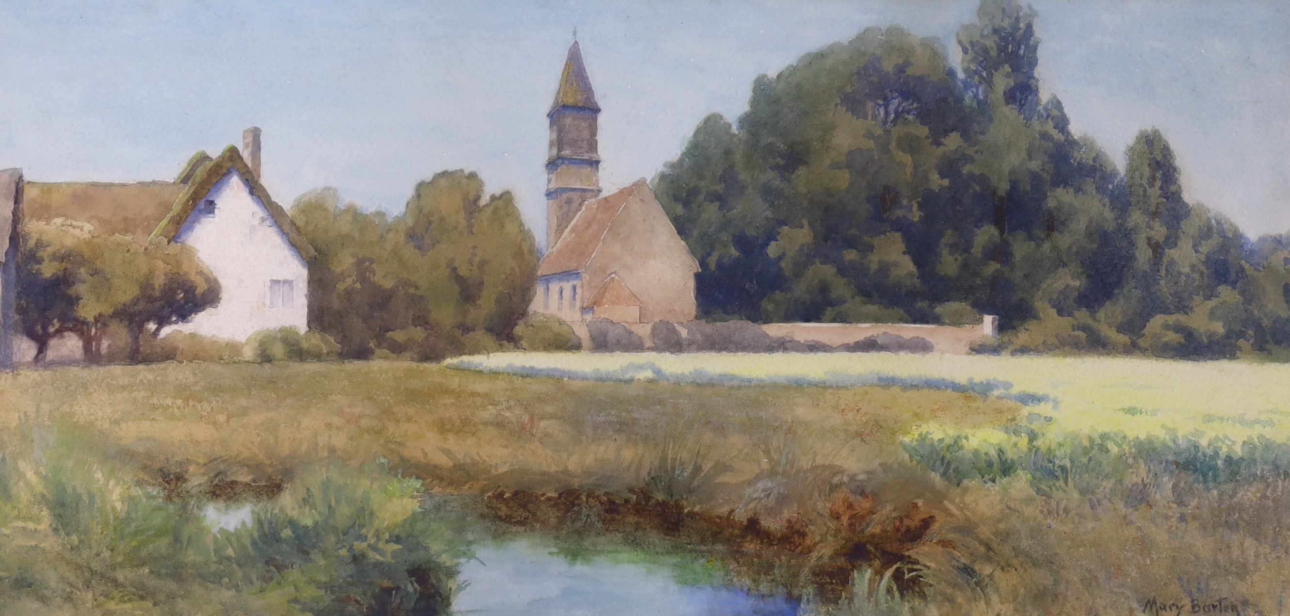 Mary Georgina Barton (Irish 1861-1949), watercolour, Rural landscape with church, signed lower right, 52cm x 25cm